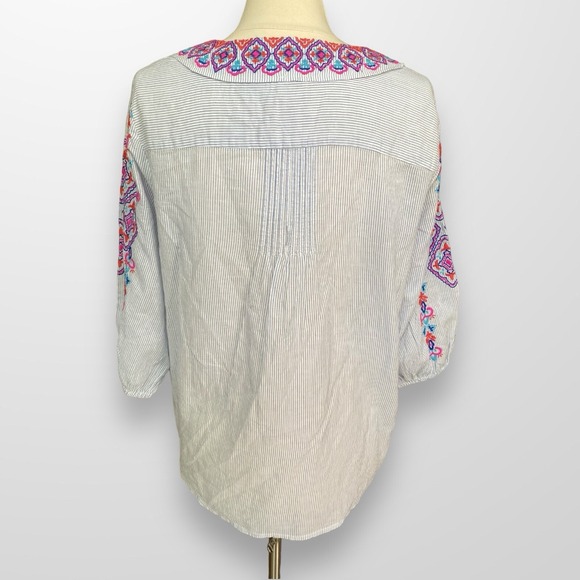 Chico's‎ Size 2 Large Top Tunic Blouse Embroidered Beaded Tassels Pleated 3/4 Sl - Picture 3 of 7